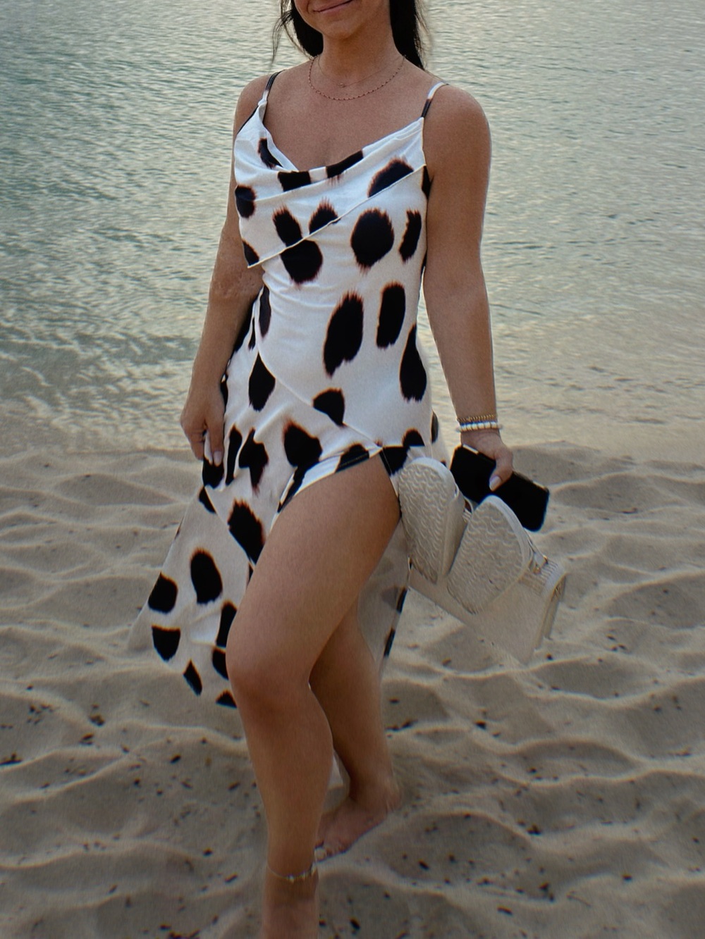 White maxi Dress with Black and Rust Spot Print